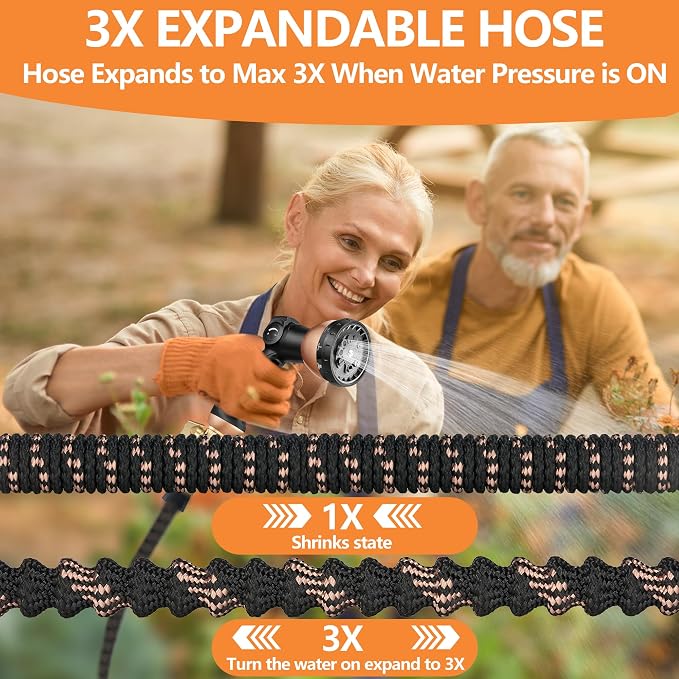 100FT/30m Expandable Garden Hose Pipe Set, Flexible Kink-Free Water Hose with 10 Function Spray Gun & Quick Connectors, Durable Heavy Duty Expanding Hose (Black Gold)