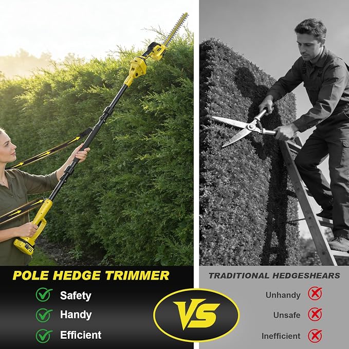 6-in-1 Cordless Pole Saw and Hedge Trimmer, 8" Brushless Mini Chainsaw with Extension Pole to 14ft, 0-180° Adjustable Head, 2x4.0Ah Battery Powered Garden Pruning Tools for Fence & Tree