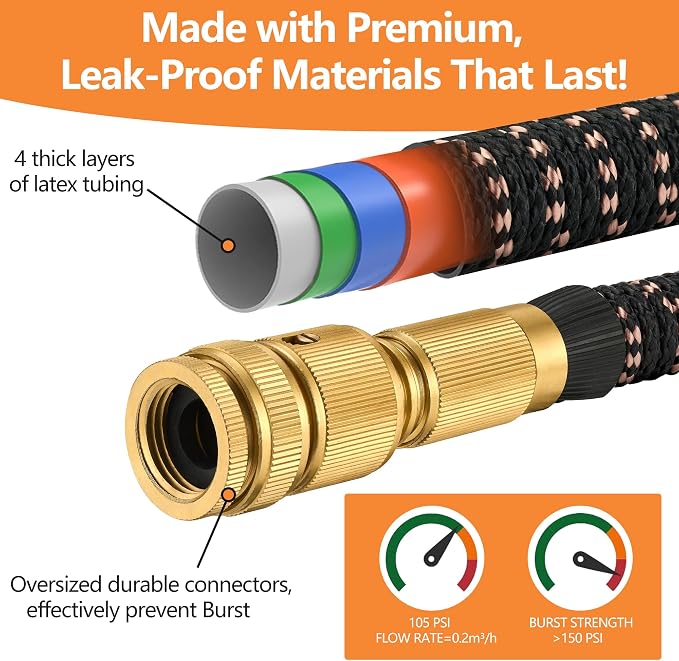 100FT/30m Expandable Garden Hose Pipe Set, Flexible Kink-Free Water Hose with 10 Function Spray Gun & Quick Connectors, Durable Heavy Duty Expanding Hose (Black Gold)