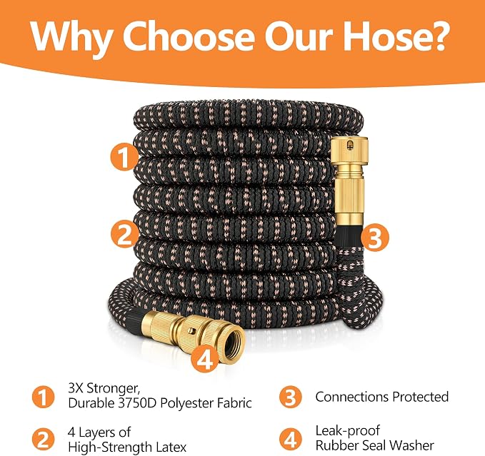 100FT/30m Expandable Garden Hose Pipe Set, Flexible Kink-Free Water Hose with 10 Function Spray Gun & Quick Connectors, Durable Heavy Duty Expanding Hose (Black Gold)