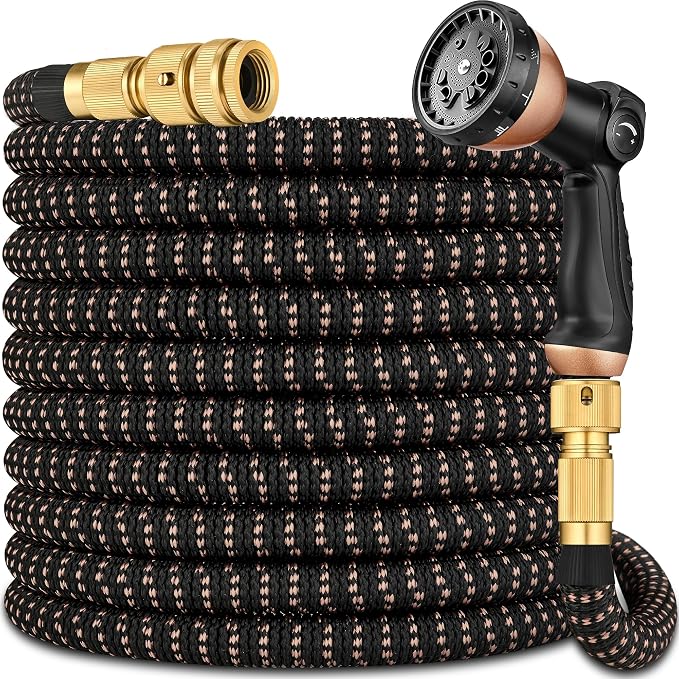 100FT/30m Expandable Garden Hose Pipe Set, Flexible Kink-Free Water Hose with 10 Function Spray Gun & Quick Connectors, Durable Heavy Duty Expanding Hose (Black Gold)