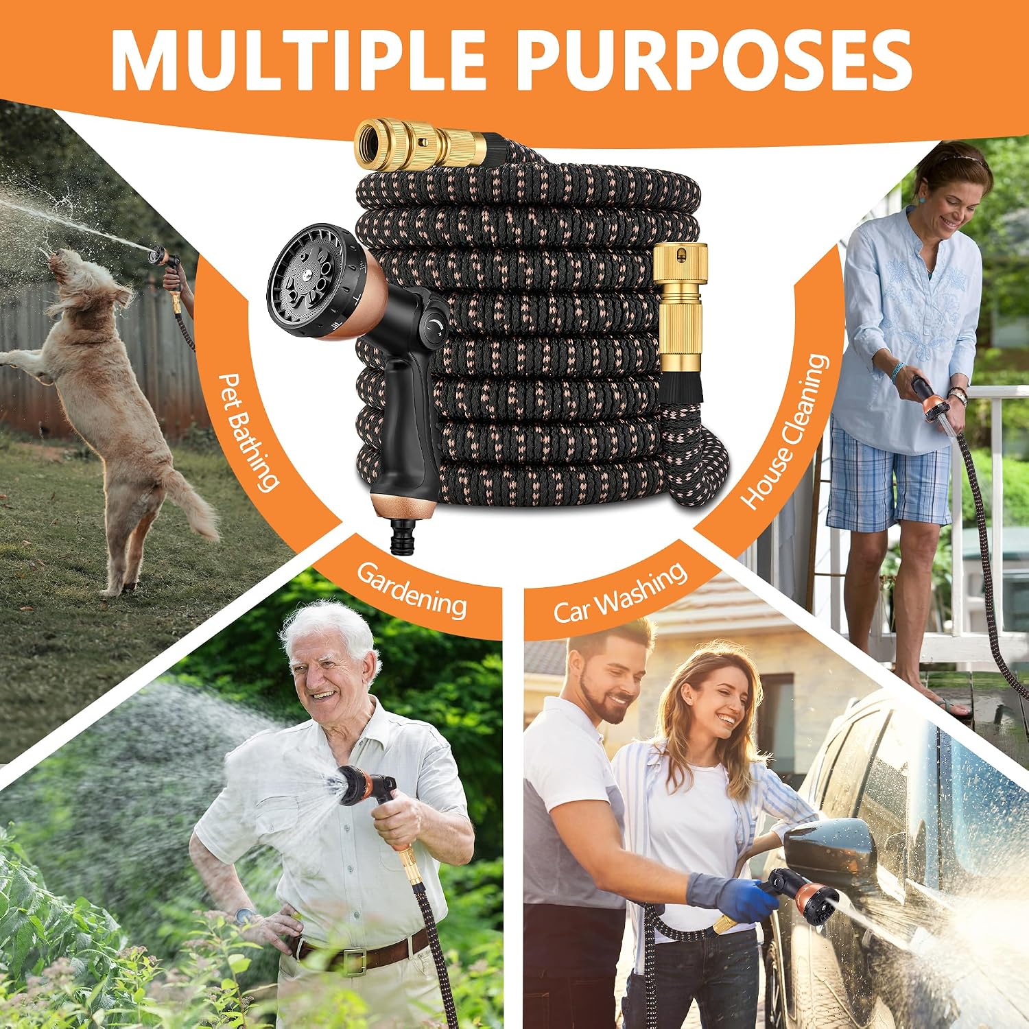 100FT/30m Expandable Garden Hose Pipe Set, Flexible Kink-Free Water Hose with 10 Function Spray Gun & Quick Connectors, Durable Heavy Duty Expanding Hose (Black Gold)