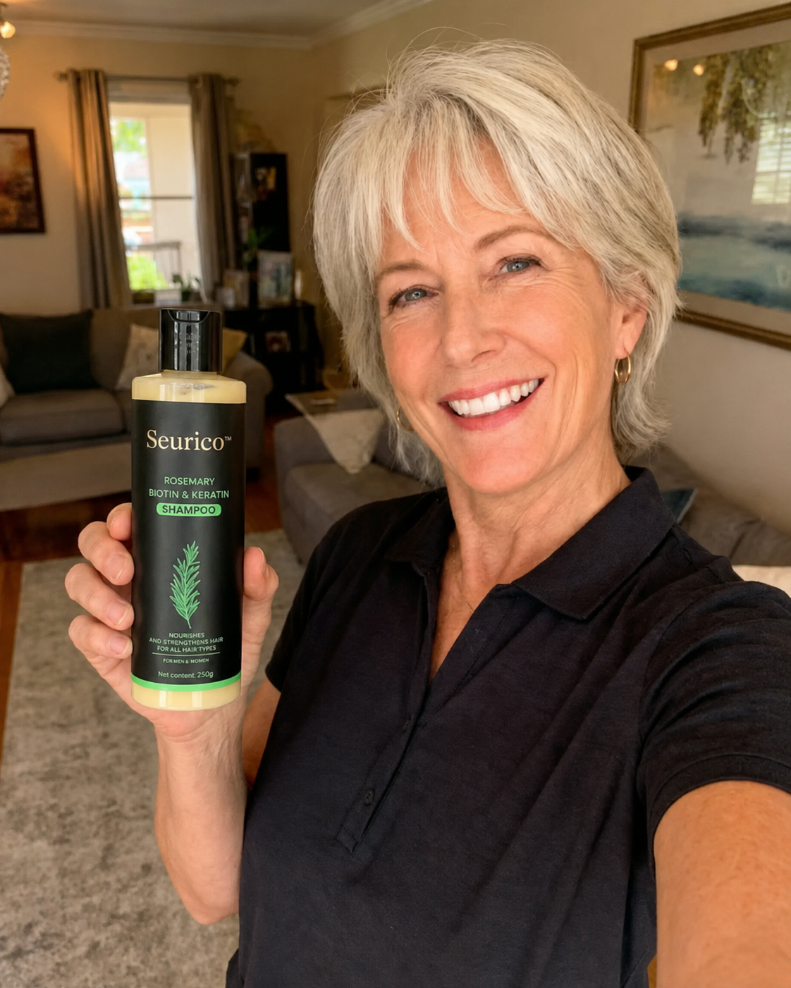 Seurico customer holding product bottle