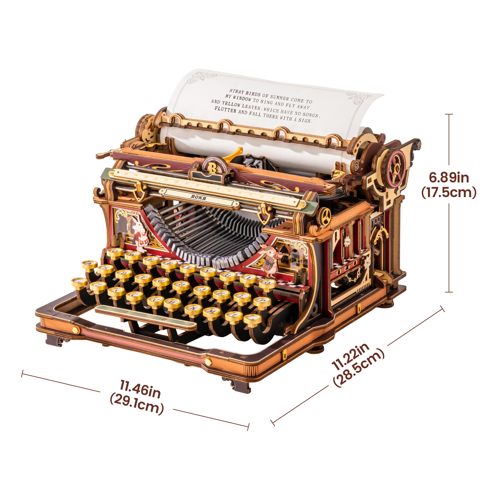 Größenangaben der ROKR Mechanischen Schreibmaschine LK703C mit 29,1 × 28,5 × 17,5 cm