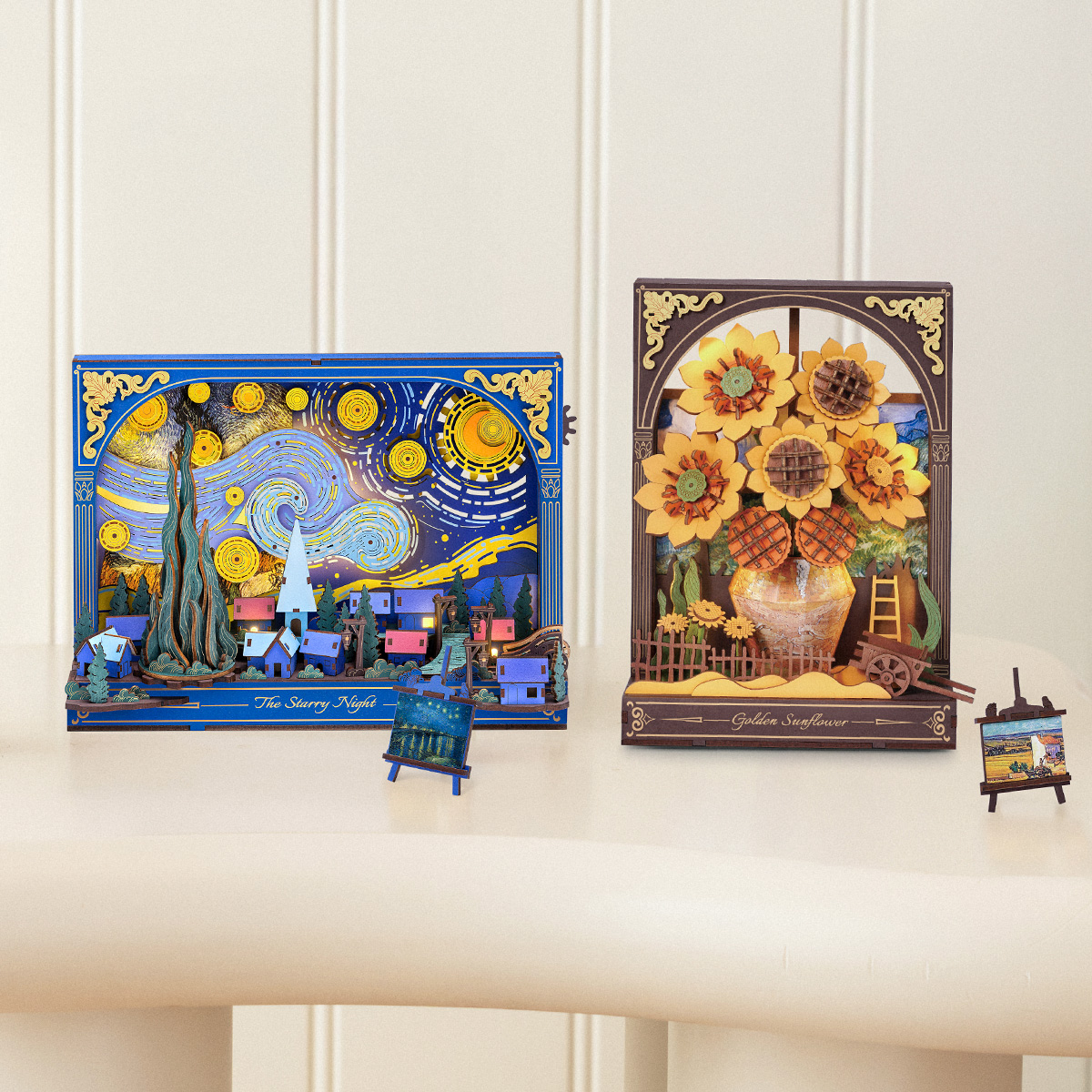 Drei Rowood Holzkunst-Puzzles als Wanddekoration