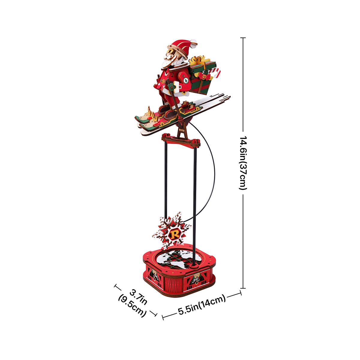 Größenangaben des Weihnachtsmanns auf Skiern mit 37,5 cm Höhe und 9,5 cm Sockelbreite