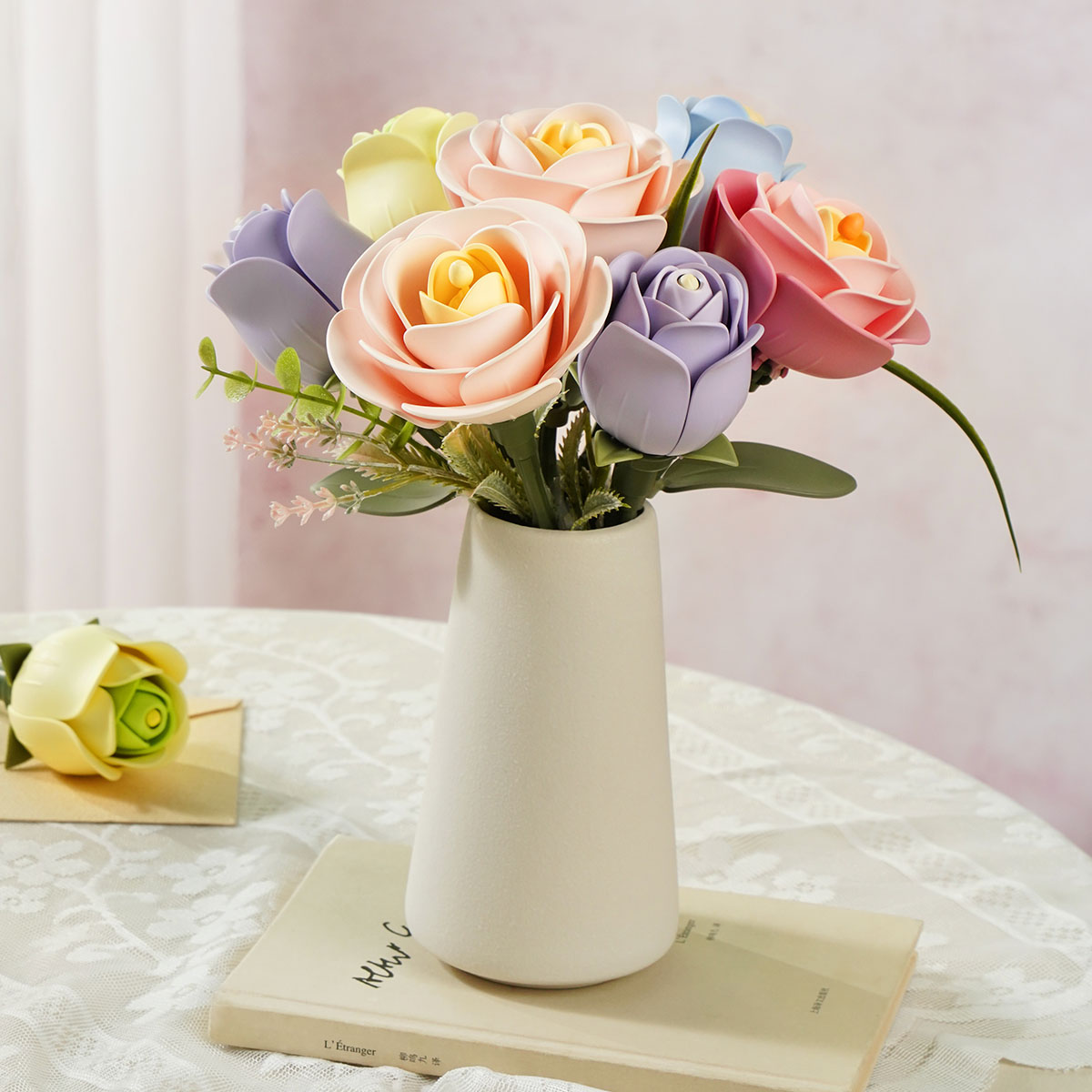 ROKR Floral Art-Einzelblumen als pastellfarbener Holzblumenstrauß in einer Vase