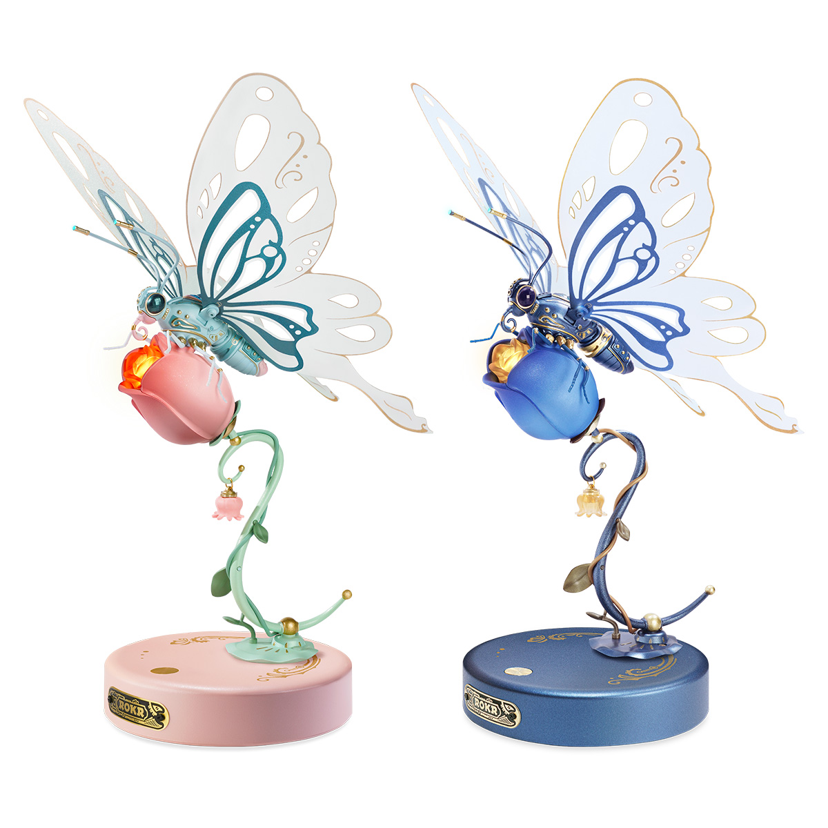 Blaues und rosa ROKR Schmetterlingsmodell MI05 nebeneinander