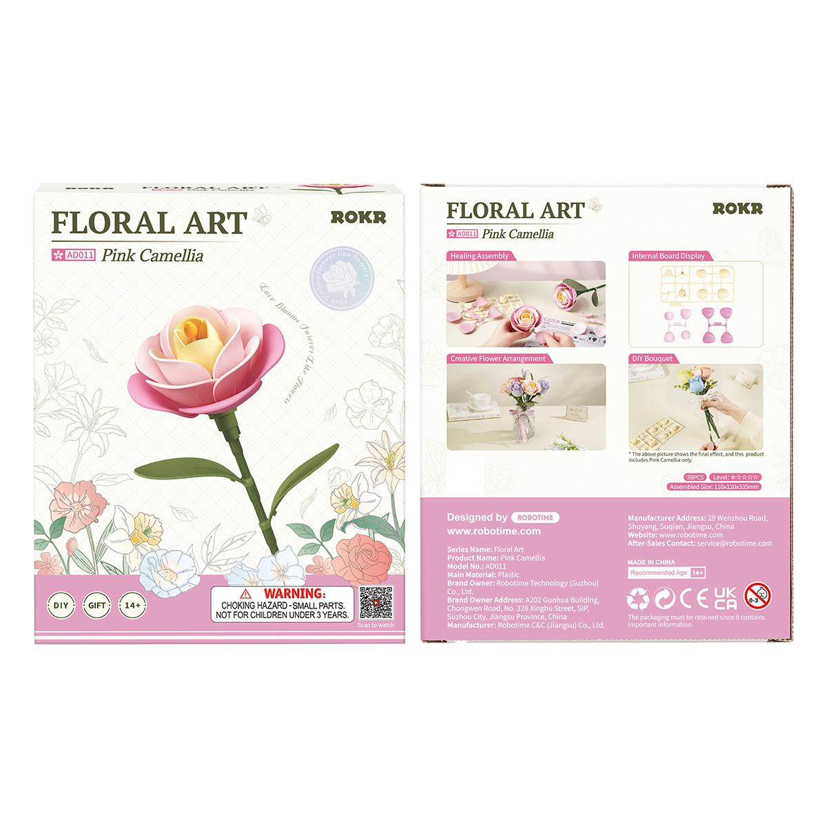 Vorder- und Rückseite der Verpackung der rosa ROKR Kamelie