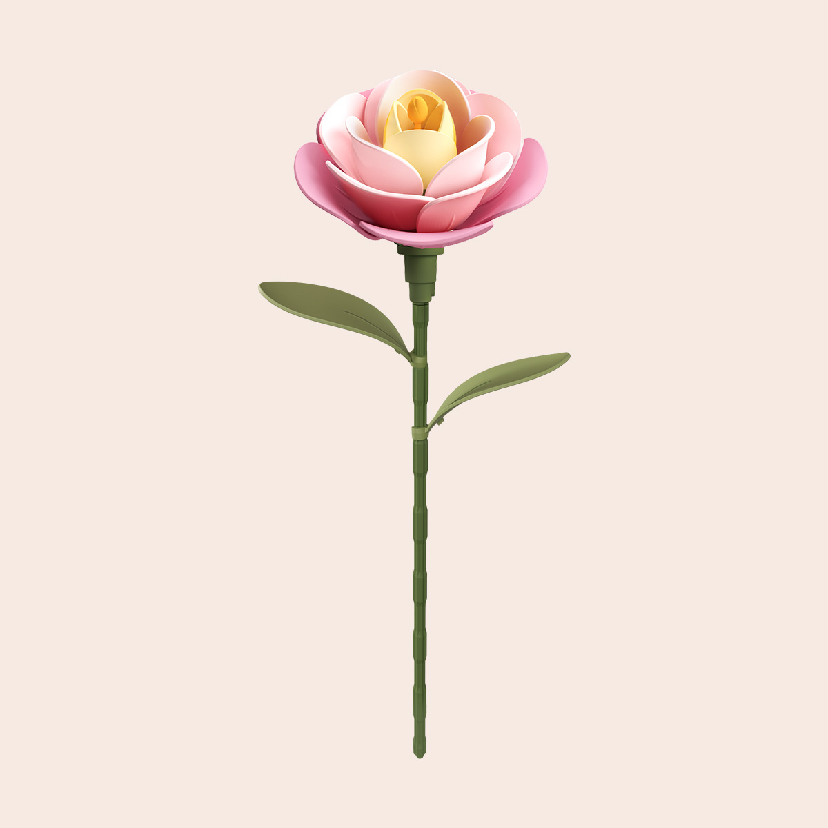 Grüne ROKR Rose als einzelne Holzblume vor hellem Hintergrund