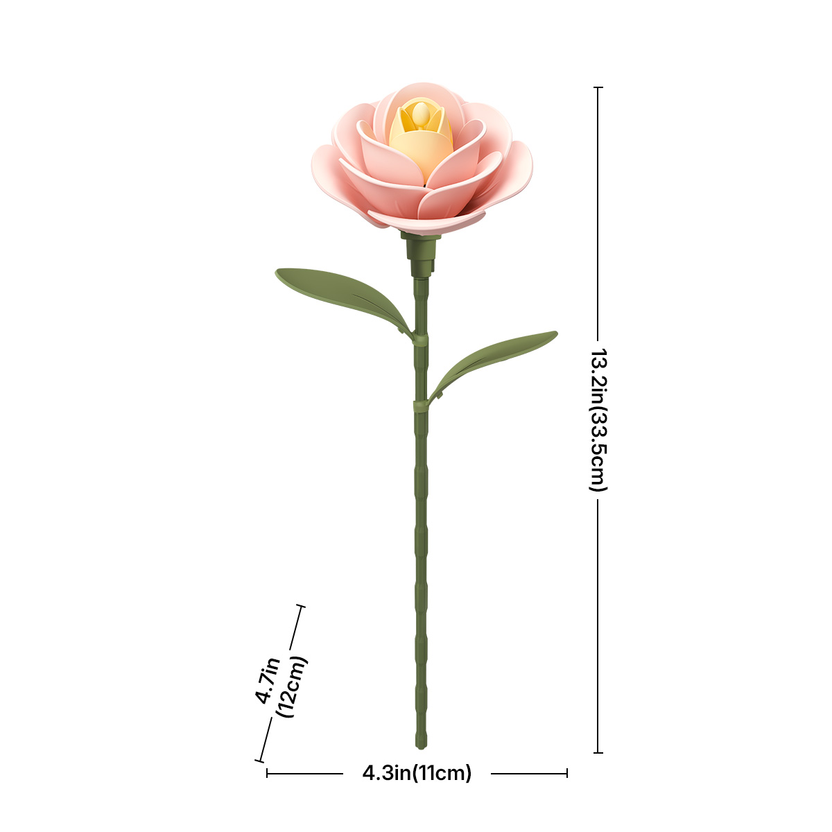 Größenangaben der hellrosa ROKR Kamelie mit 11 cm Breite und 38 cm Höhe