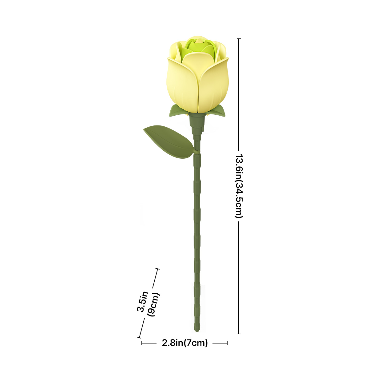 Größenangaben der grünen ROKR Rose mit 7 cm Breite und 38 cm Höhe