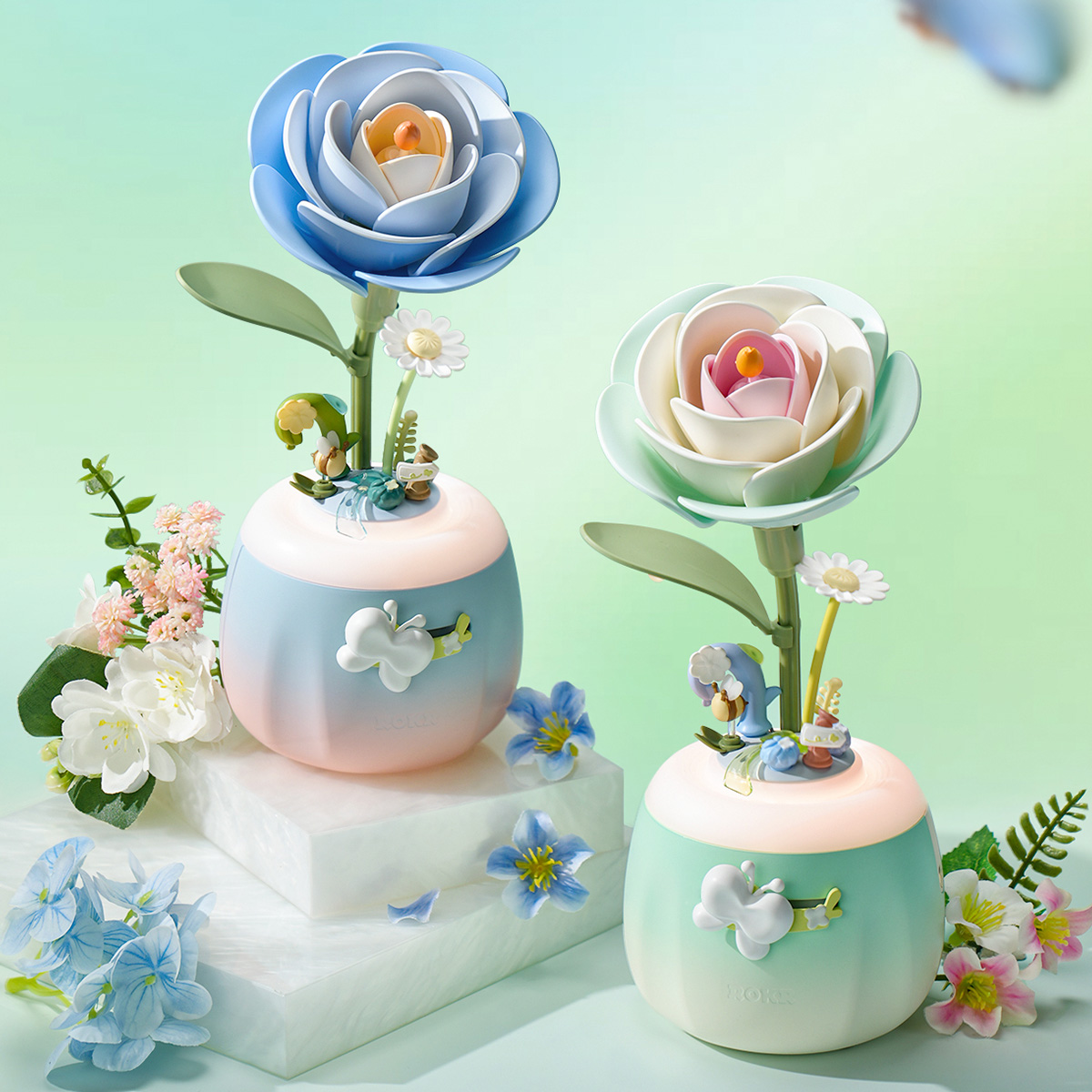 Blaue und grüne ROKR Floral Art-Kamelienlampen mit Blumen