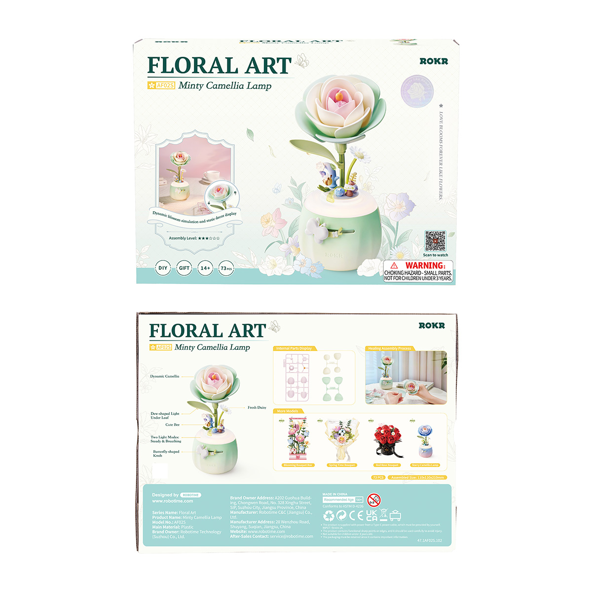 Vorder- und Rückseite der Verpackung der Minty Camellia Lampe AF02S