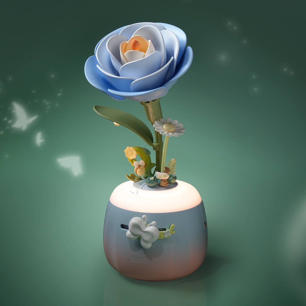 Blau leuchtende ROKR Starry Camellia Lampe AF01S in einer dunklen Szene