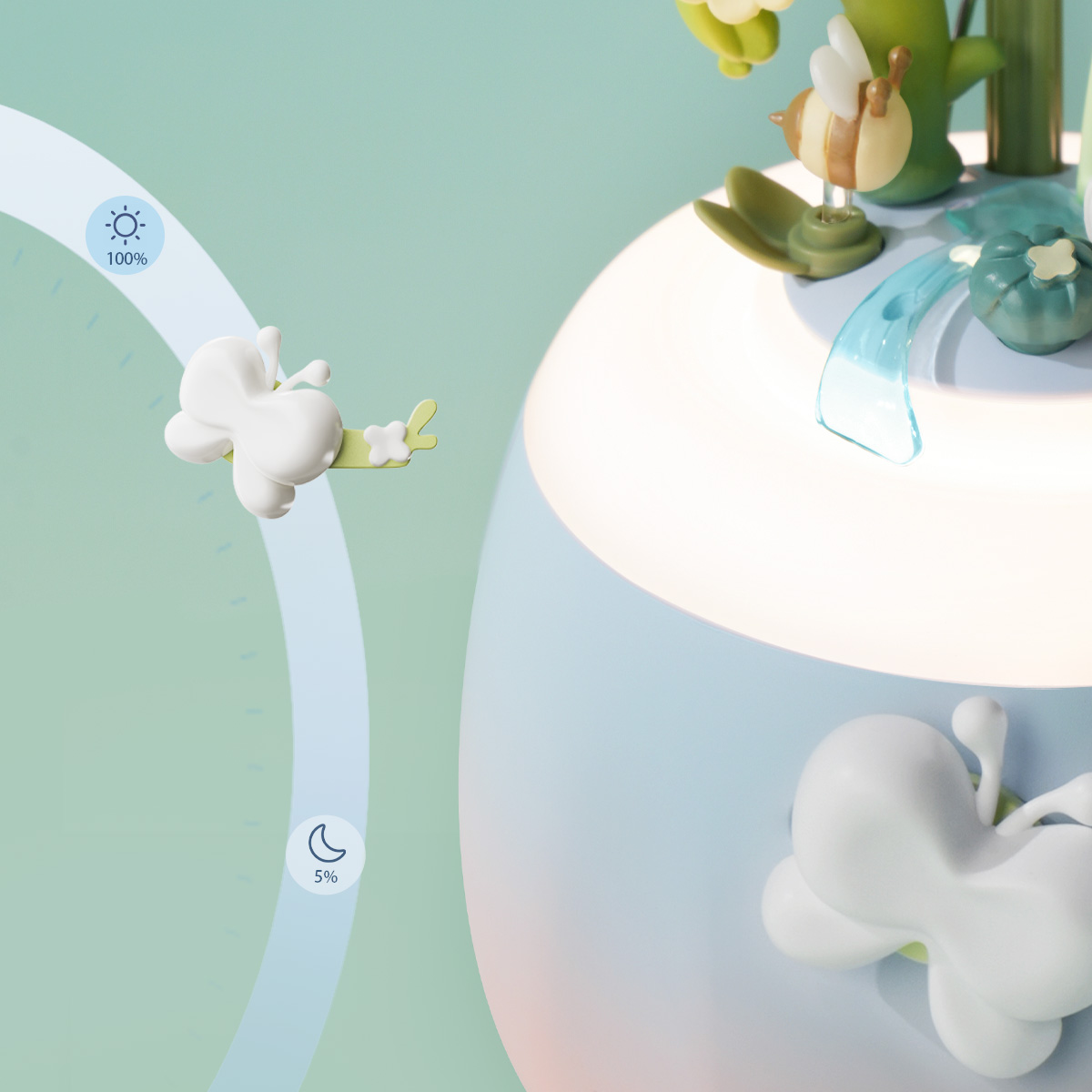 Nahaufnahme des Sockels der Starry Camellia Lampe mit Vogel- und Blattdetails