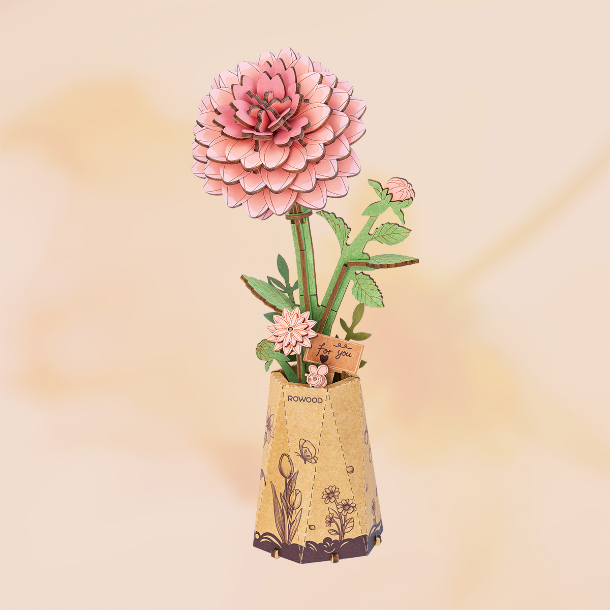 Rosa Rowood Dahlienstrauß in einem quadratischen Topf
