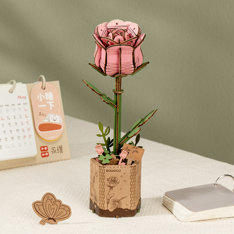 Rosa Rowood Rosenstrauß in einem quadratischen Topf