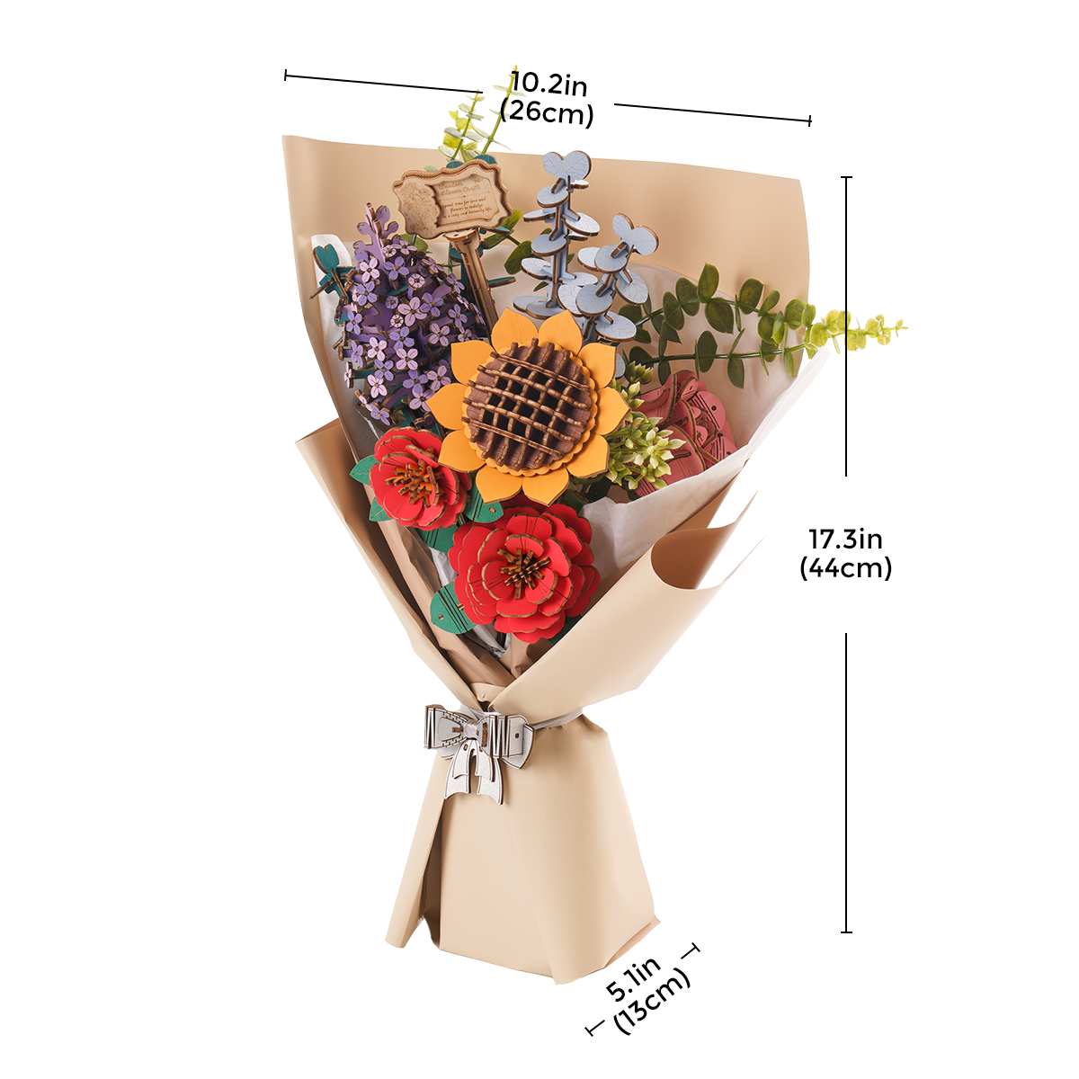 Größenangaben des aufgebauten Rowood Holzblumenstraußes