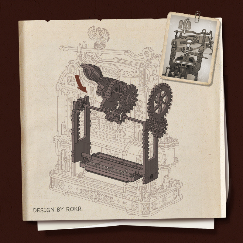 Skizzenbuch mit Bauzeichnung der ROKR Klassischen Druckerpresse LK602