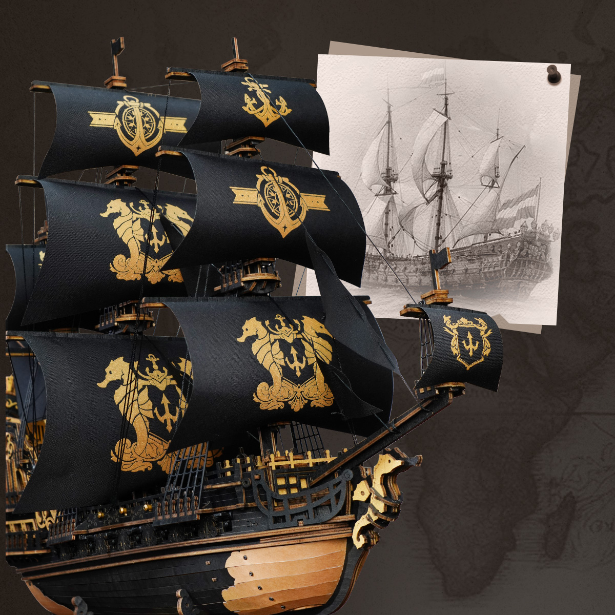 The Seahorse Barque MCB02 naast een vintagezeilschets