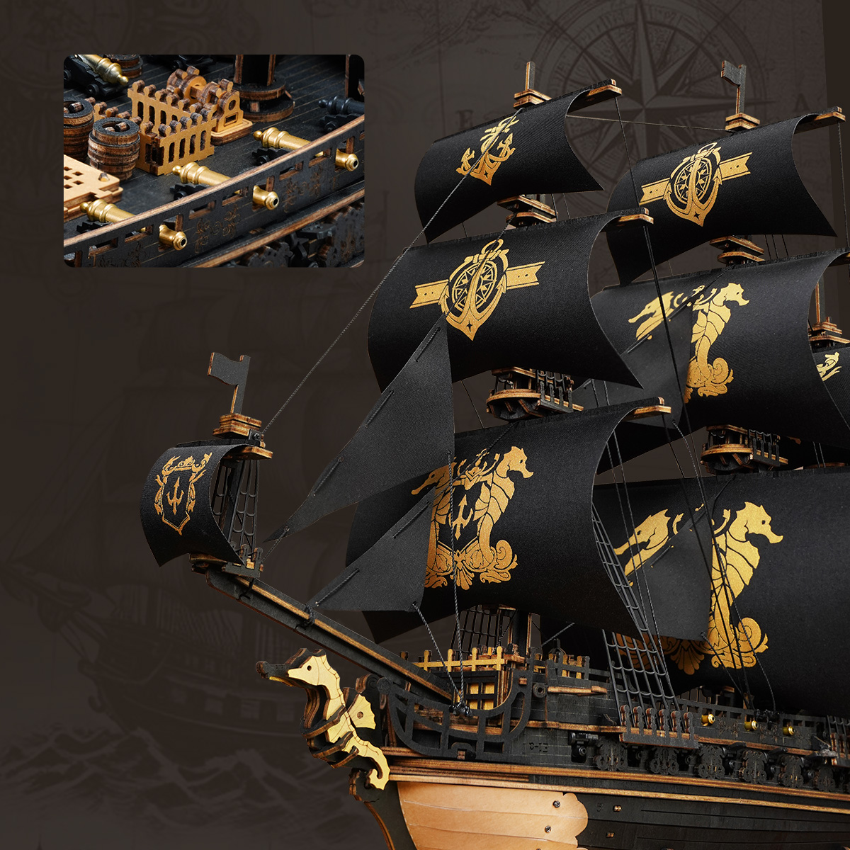The Seahorse Barque MCB02 detail van zwarte zeilen en gouden dekdetails