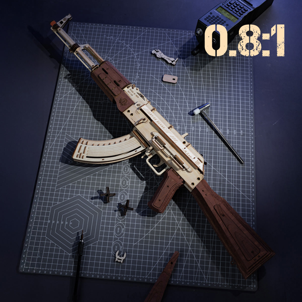AK-47 LQ901 ontwerpposter met geweer en onderdelen