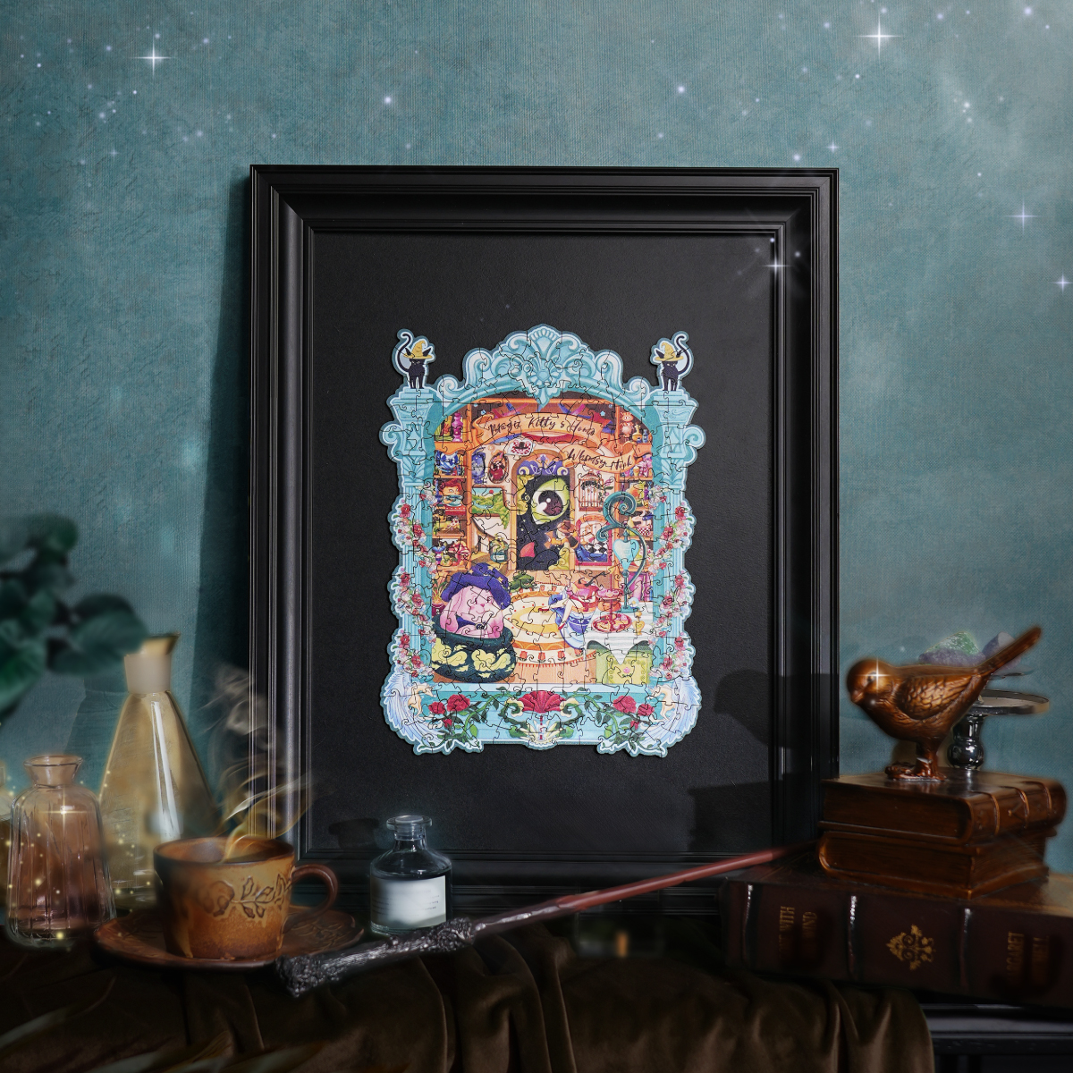 Puzzle de madera enmarcado con la escena del hogar del gatito mágico — TA009