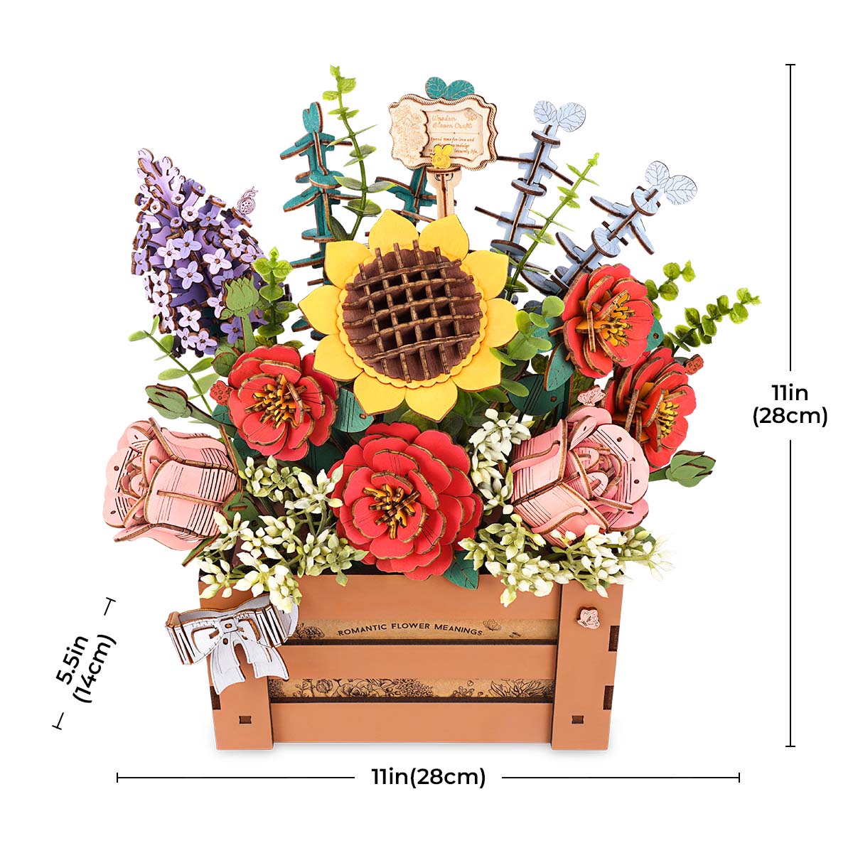 Esquema de dimensiones de la caja floral: 28 × 14 × 28 cm — TW02H