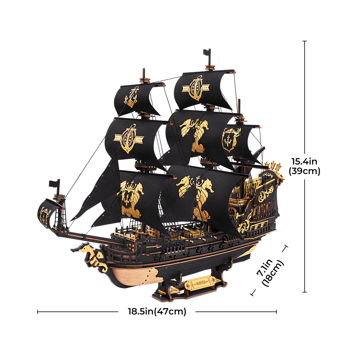 Esquema de dimensiones del barco: 47 × 18 × 39 cm — MCB02
