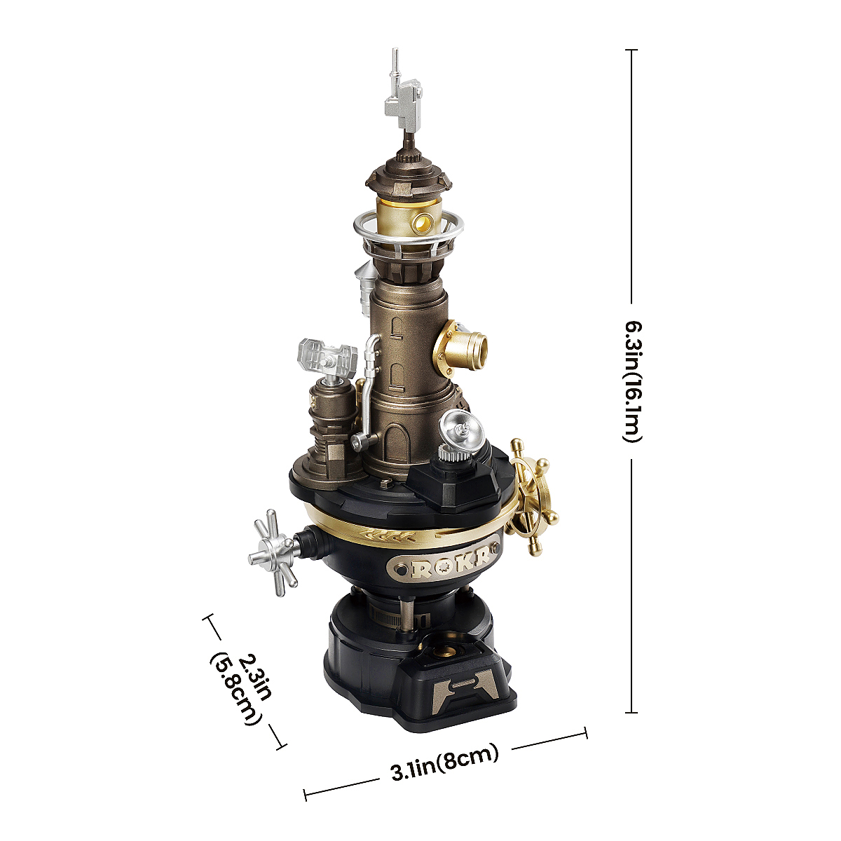 Esquema de dimensiones del faro: 8 × 5,8 × 16,1 cm — CGM01