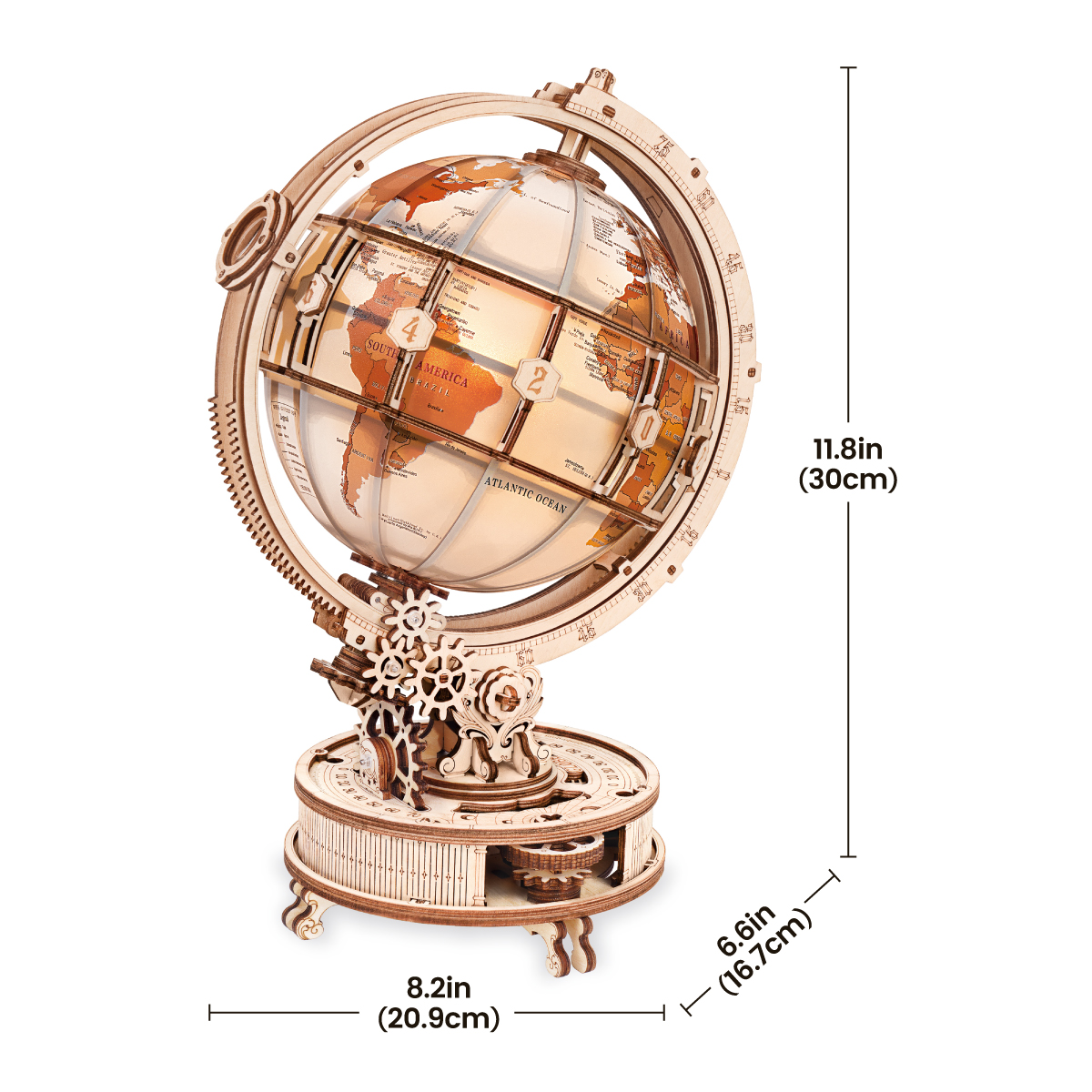 Esquema de dimensiones del globo: 16,7 × 20,9 × 30 cm — ST003D
