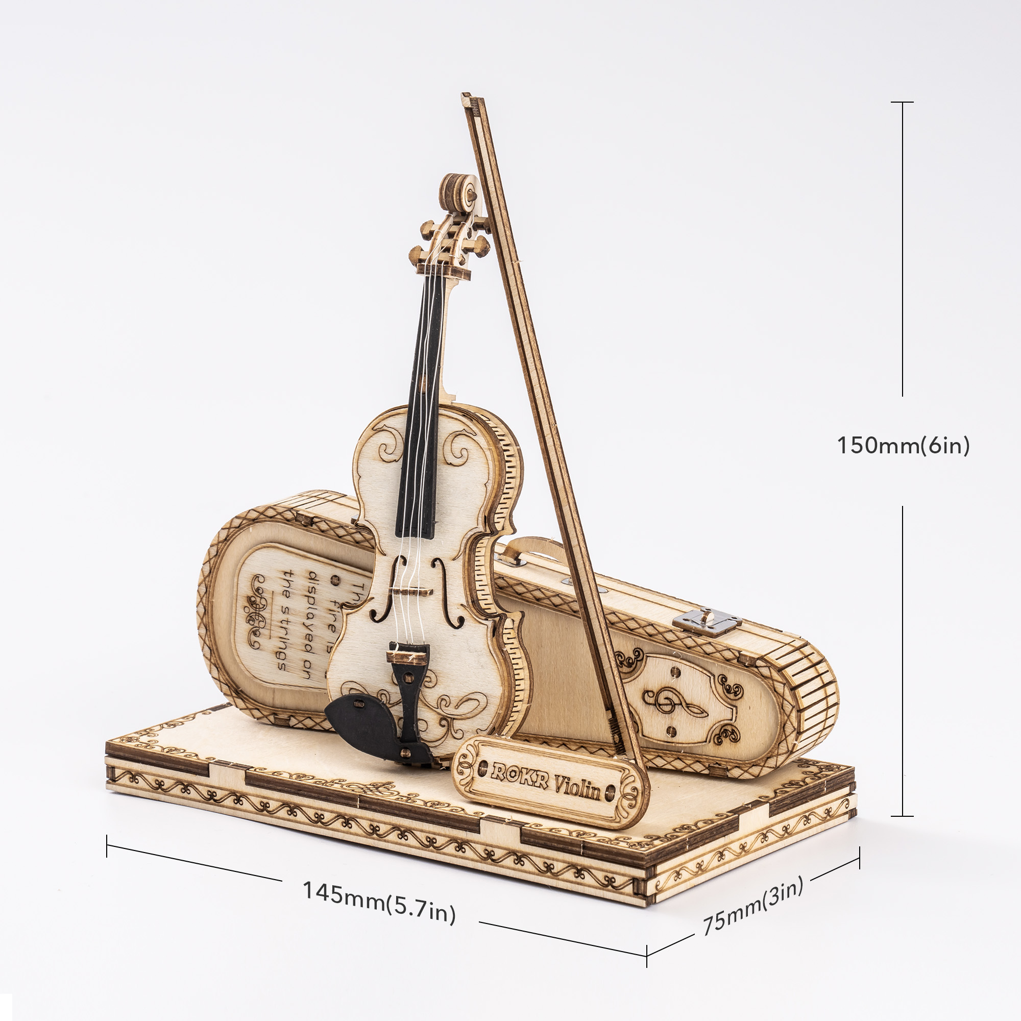 Esquema de dimensiones del violín: 14,5 × 7,5 × 15 cm — TG604K