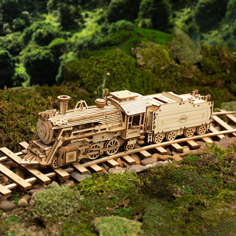 Tren de madera sobre vías en un bosque — MC501