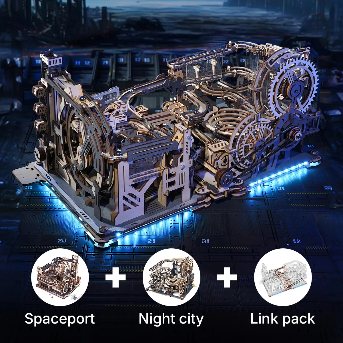 Conjunto de los dos circuitos conectados con iluminación azul — LGA01