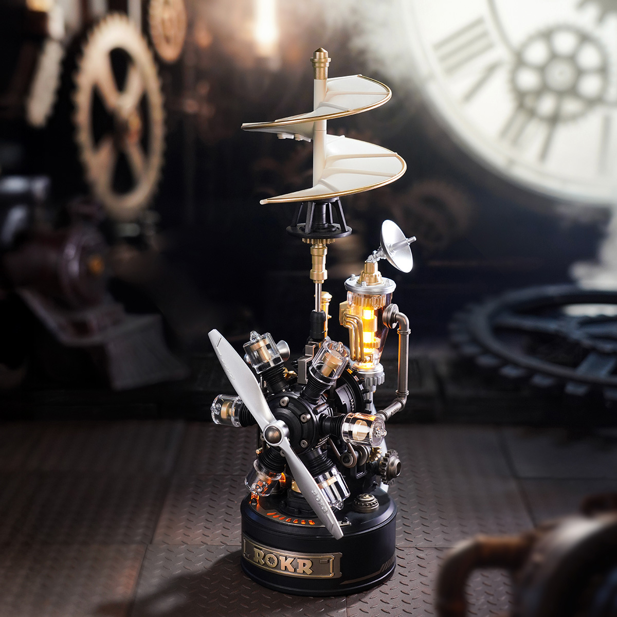 Helicóptero de Leonardo da Vinci con hélices blancas y base negra — CGL01