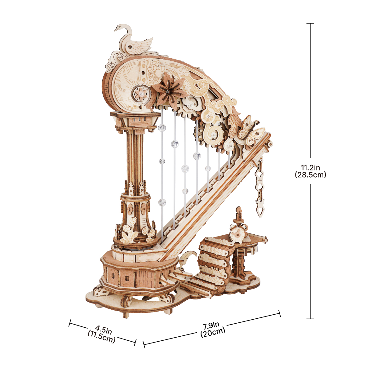 Esquema de dimensiones del arpa: 20 × 11,5 × 28,5 cm — AMK71