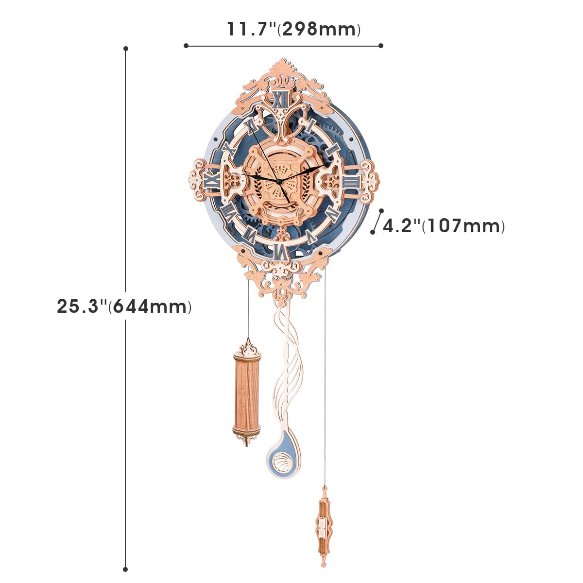 Esquema de dimensiones del reloj: 29,8 × 10,7 × 64,4 cm — LC701