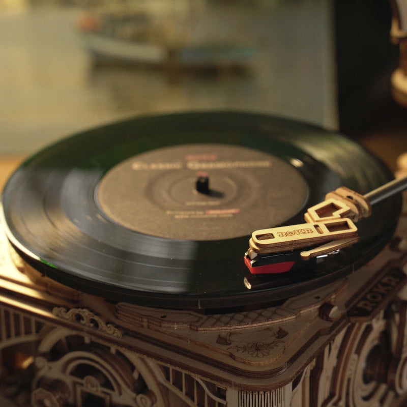 Primer plano del disco y del brazo dorado — LKB01