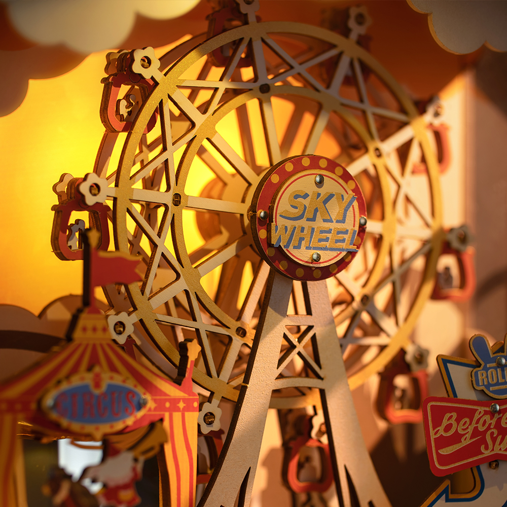 Rolife DIY Music Box Puzzle - Sunset Carnival AMT01 grande roue détail gros plan