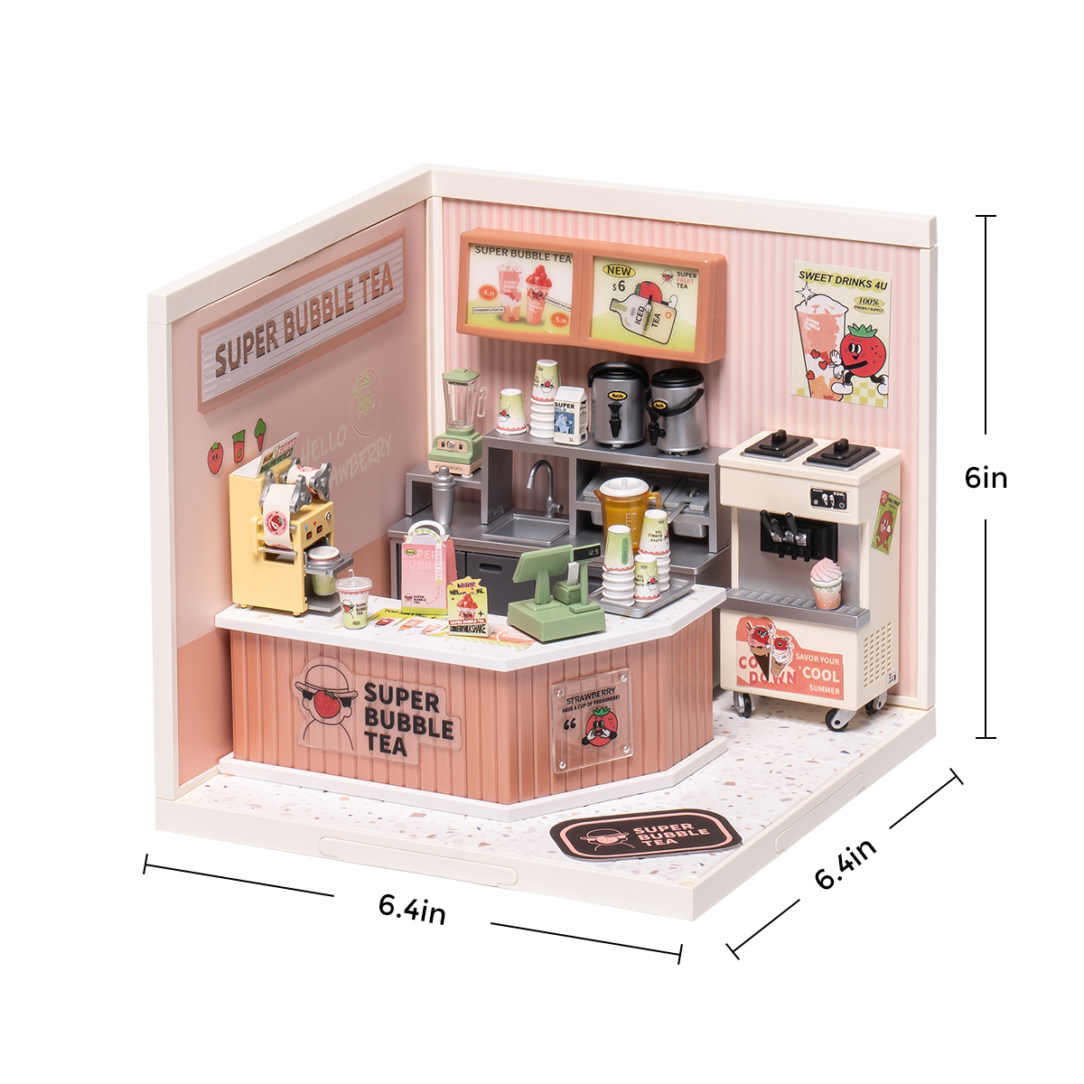 Rolife Double Joy Bubble Tea Super Creator Miniature House DW006 graphique de taille avec 6,4 x 6,4 x 6 pouces dans les dimensions indiquées