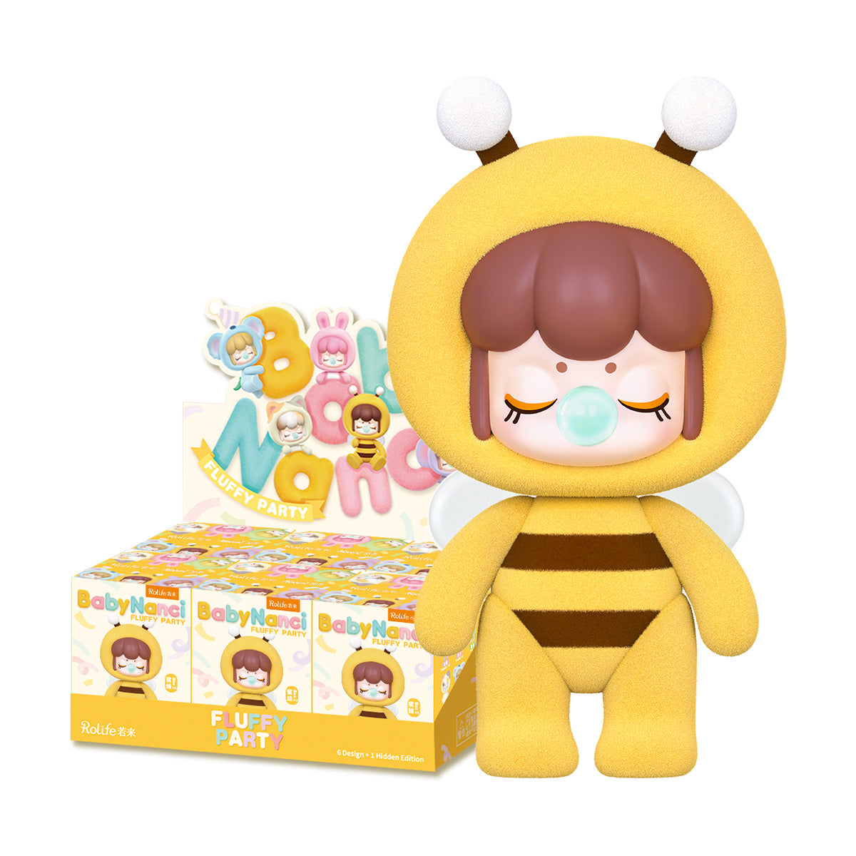 Figurine en vedette BabyNanci Fluffy Party avec vitrine sur fond blanc