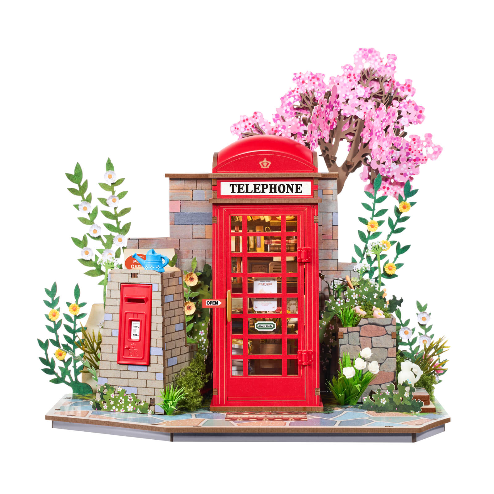 Rolife Blossom Book Booth TGS05 vue du produit sur fond blanc avec cerisier en fleurs