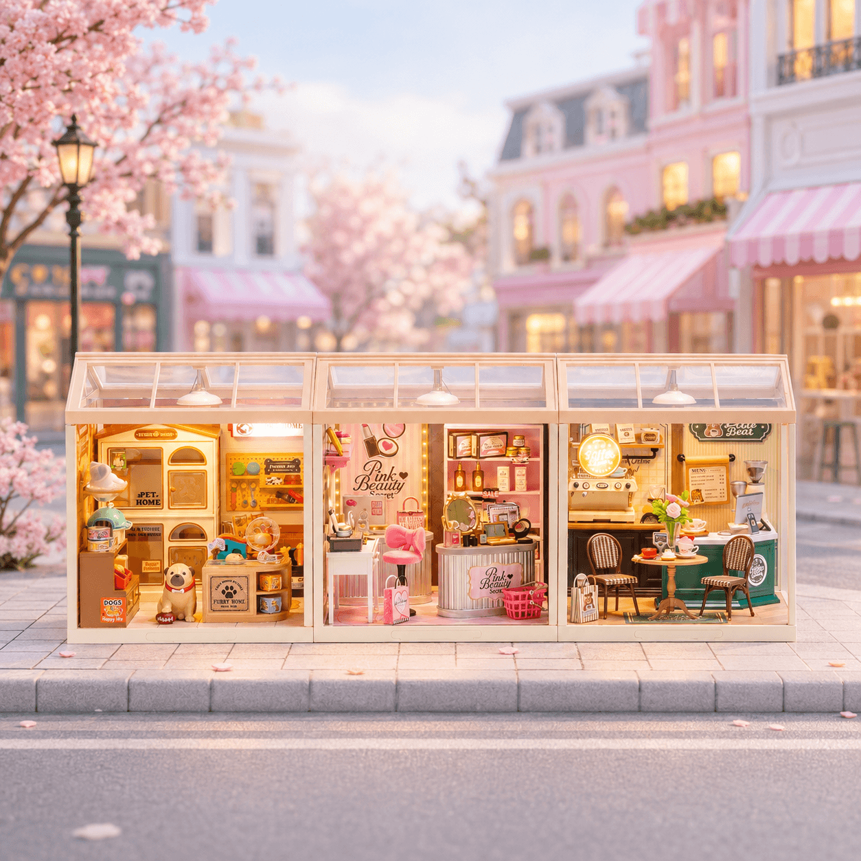 Longue vitrine de la série Shopping Diary avec plusieurs modules de maison miniatures