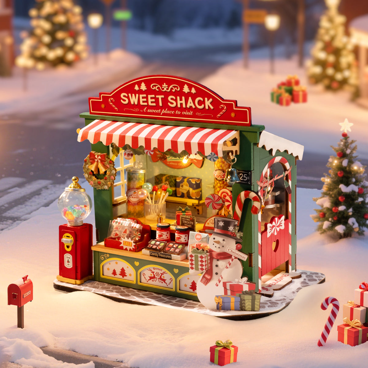 Rolife Christmas Candy Stand DS043 cabane sucrée miniature dans une scène de vacances enneigée