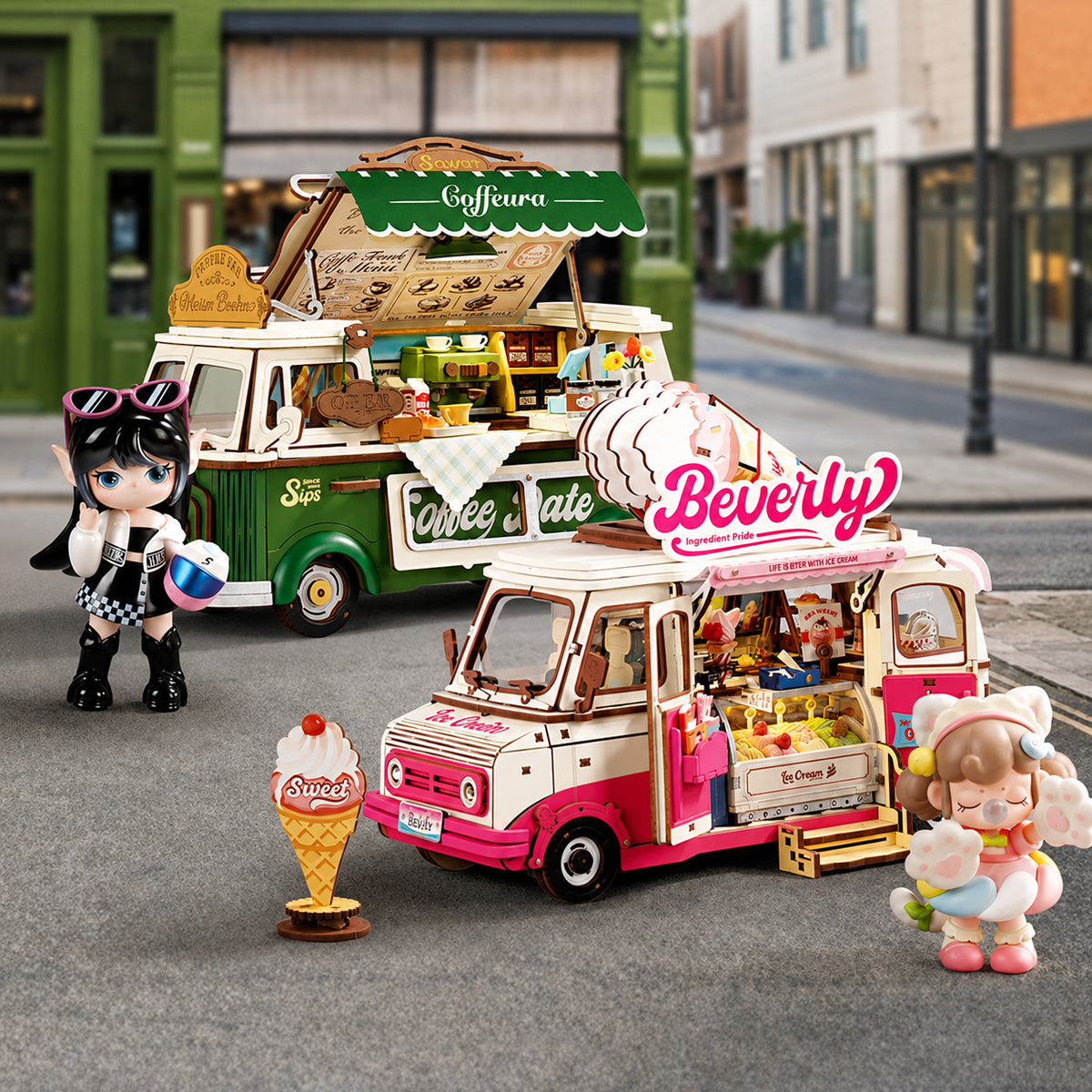 Scène de rue Leo's Coffee Truck TGS07 avec le camion de crème glacée de Beverly et des figurines miniatures