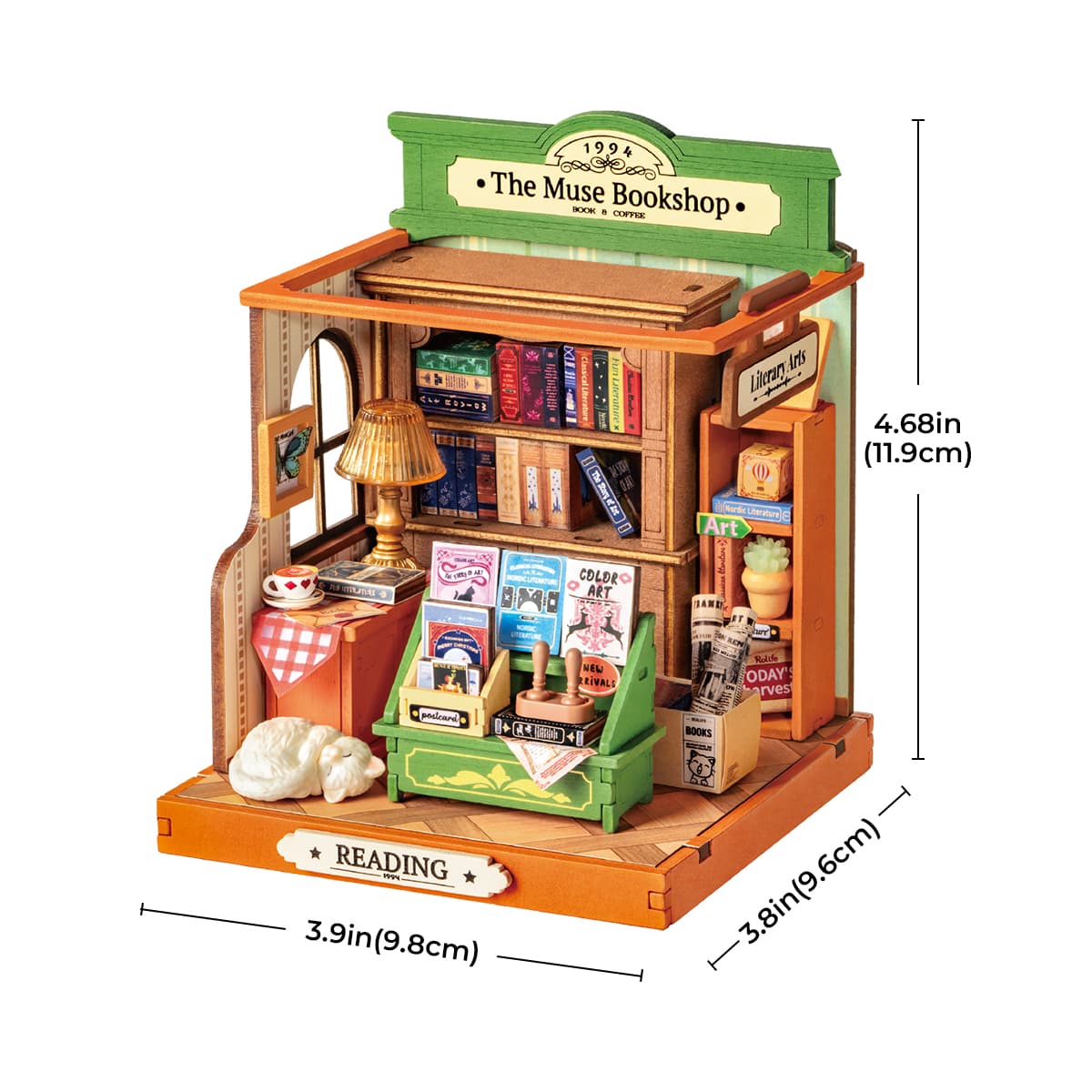 Rolife DIY Miniature House - The Muse Bookshop DS040 graphique de taille avec les dimensions indiquées