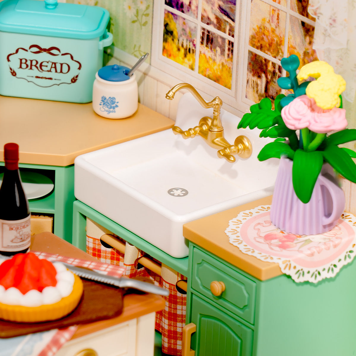 Farmhouse Kitchen DW024 gros plan sur l'évier, les fleurs et les détails du comptoir