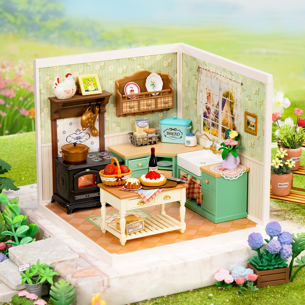 Salle miniature Farmhouse Kitchen DW024 dans une scène d’exposition extérieure douce