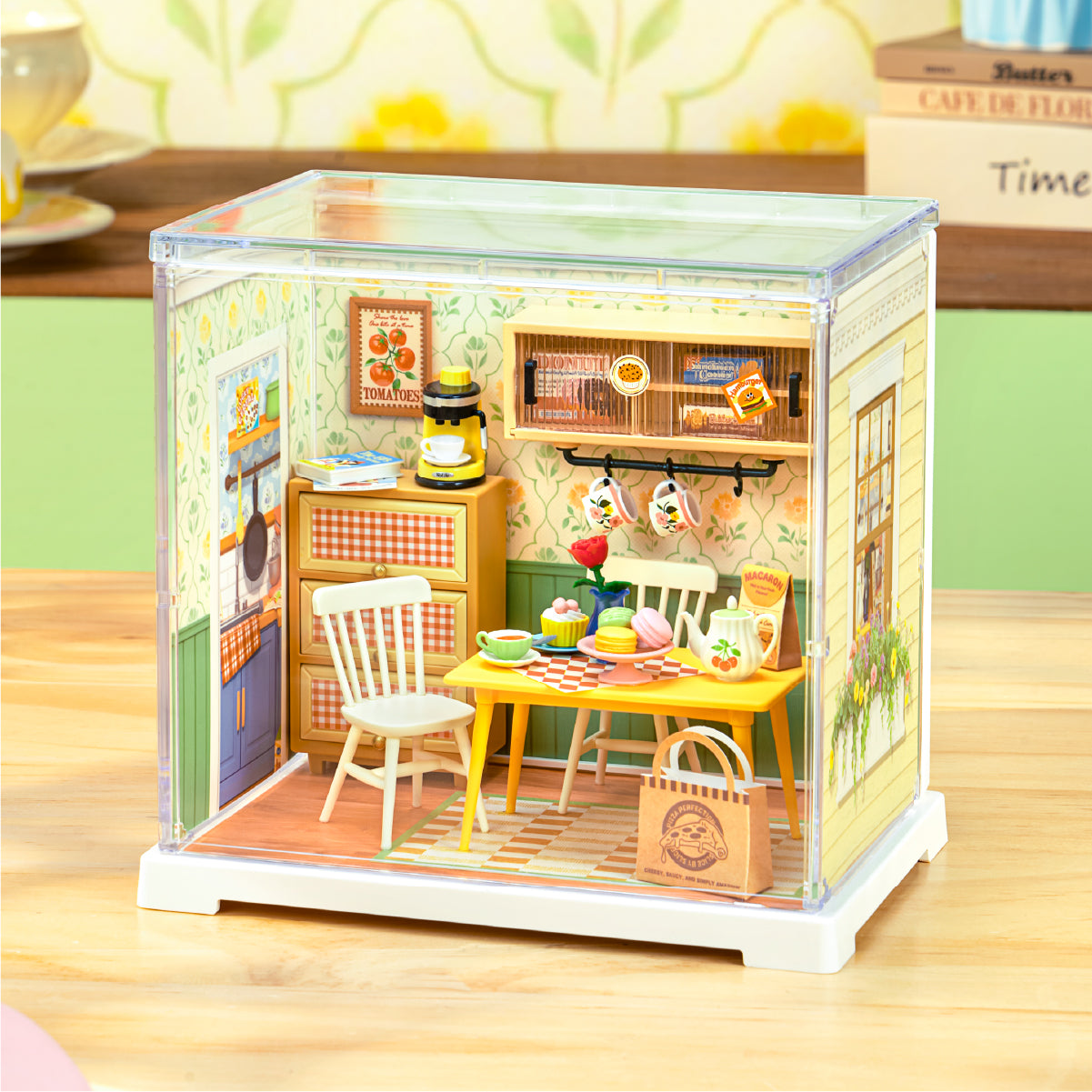 Rolife Floral Dining Room DWS06B pièce miniature dans une scène de maison avec cache-poussière